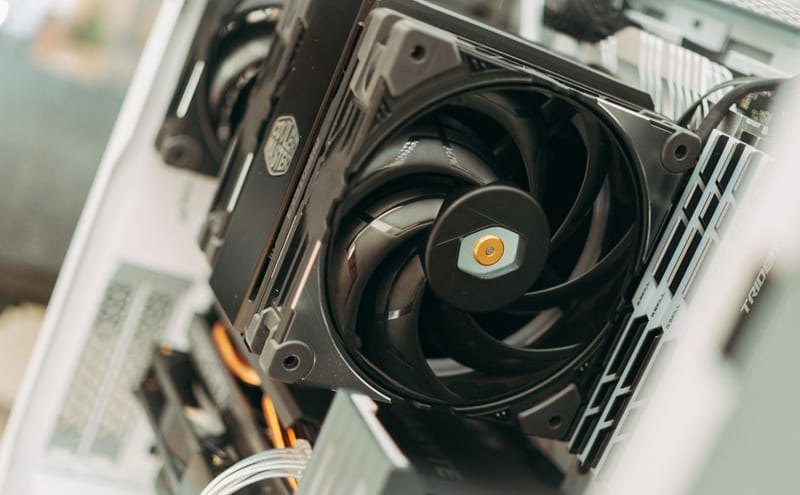 Close up of a heat pump fan grille
